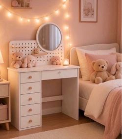 Vanity Desk with Mirror and Lights, Adjustable Color Lighting Bedroom Dresser