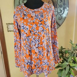 LOGO by Lori Goldstein Printed Cotton Modal Top Burnt Orange Sz XS