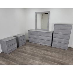 GRAY BEDROOM SET/ DRESSER WITH MIRROR,  CHEST AND TWO NIGHTSTANDS 