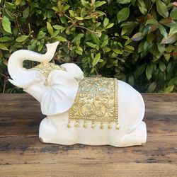 White Elephant Statue With Gold Accents 
