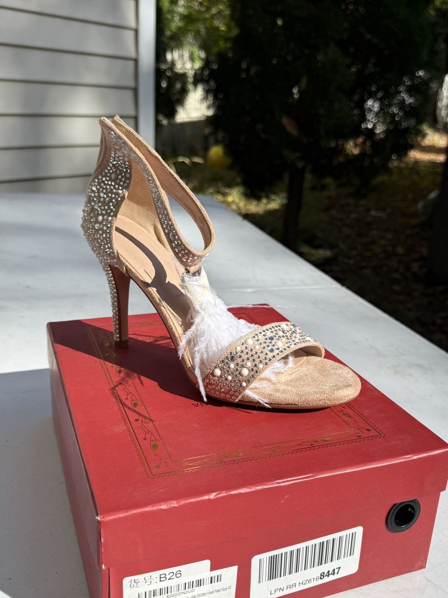 Gold and silver embellished high heels with feather detail size 10
