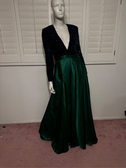 New 12 green velvet sequin long evening gown dress Formal plunge long sleeve