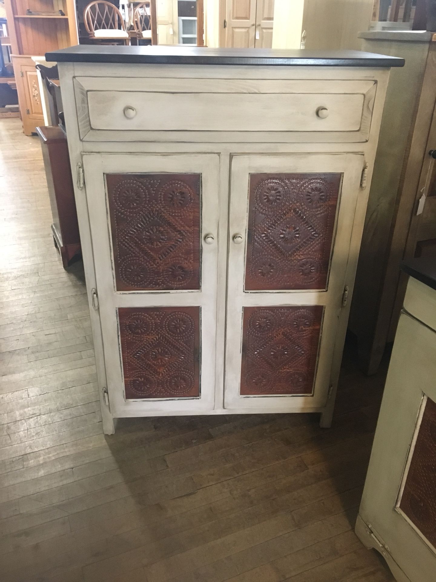 Rustic punched tin pie safe made by the Amish