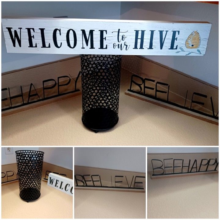 New (4pc) Bee home Decor lot. Welcome sign, 8" Honey comb Candle holder. New with tags $5