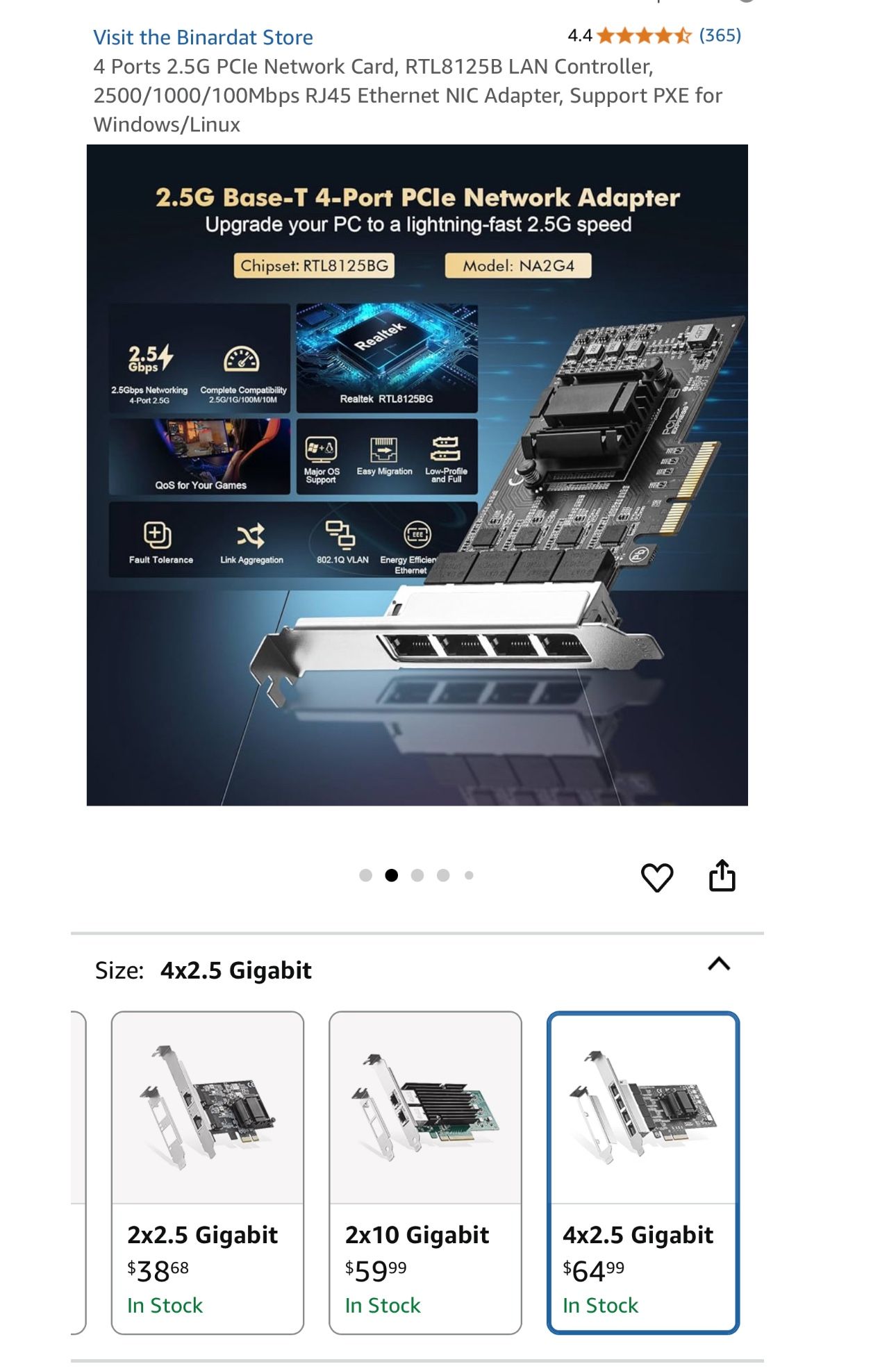 4 Ports 2.5G PCIe Network Card, RTL8125B LAN Controller, 2500/1000/100Mbps RJ45 Ethernet NIC Adapter, Support PXE for Windows/Linux
