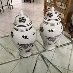 2 BIG 19.5” Z GALLERIE Ginger Jars. Perfect New Condition. Dragon & Flower Motif.  Chinoiserie Asian Mid Century Modern MCM. Were $300 Plus Tax!
