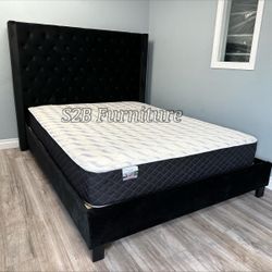 Ck Black Chanelle Wingback Bed With Ortho Mattress Included 