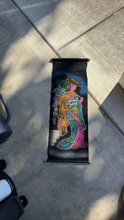 Vintage Japanese Geisha Black Velvet Wall Scroll – $35