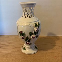 White vintage vase with applied flowers green and red 9 1/2 inches tall A21
