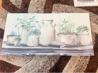 Horizontal Botanical Still Life Print, Plants Theme, White Green Gray Wall Art