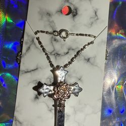 GORGEOUS Brand New Vermeil 14K Rose Gold Flower and Sterling Cross Necklace! 22”