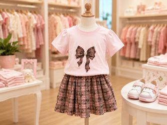 🌸Girls Pink Bow Top and Plaid Skirt Set