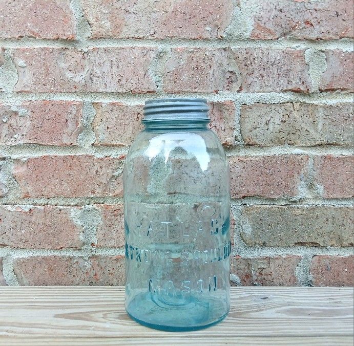 Antique Atlas Strong Shoulder Blue Half Gallon Mason Jar/Lid