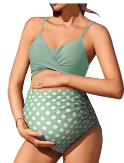 New NWT Summer Maternity l Green Polka Dot Two Piece Bikini Set XL J