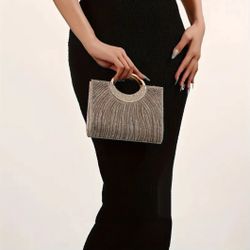 Rhinestones Top Handle Champagne Clutch Purse 