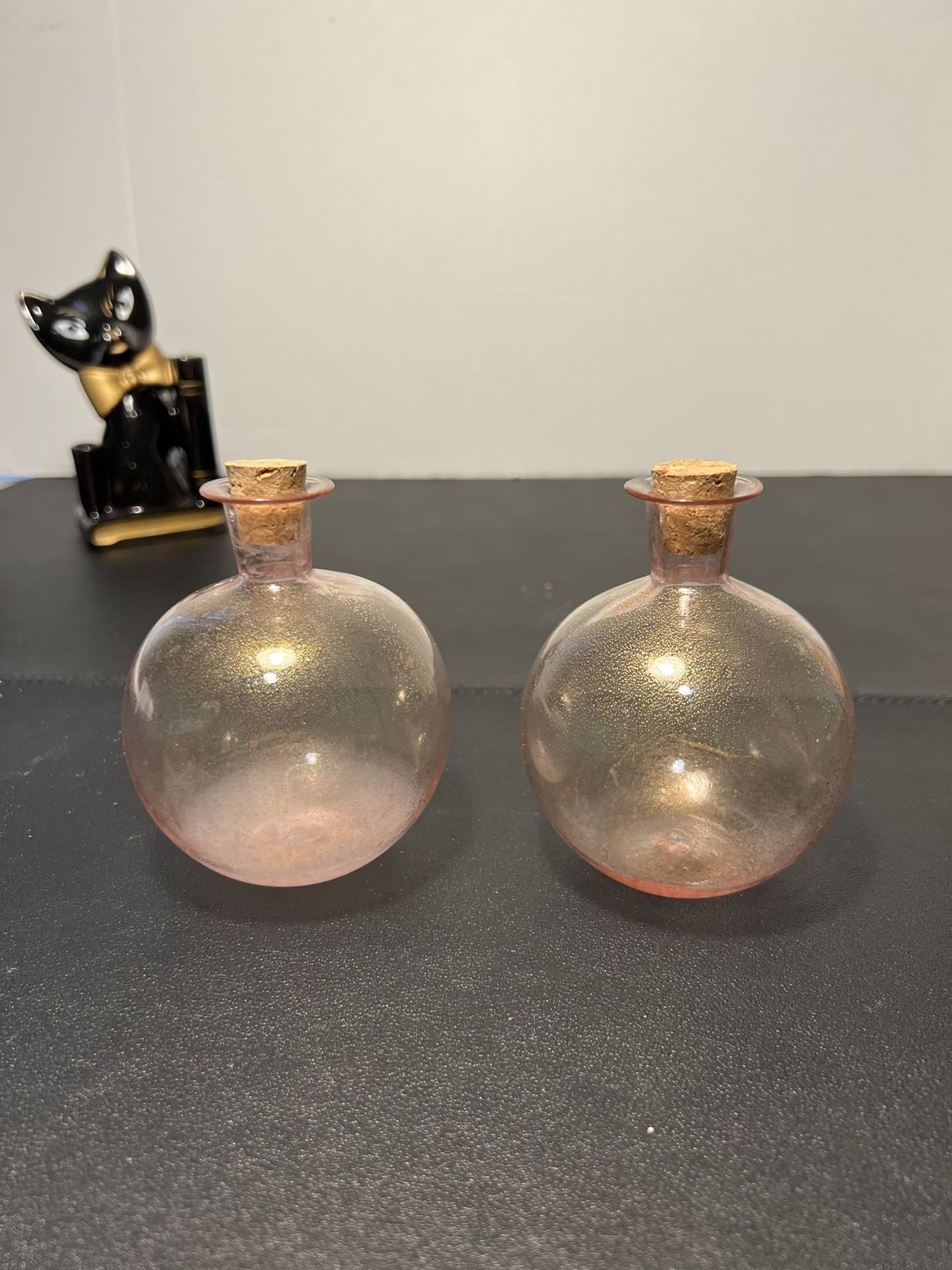 Artisan Vintage 1990s 2 Aventurine Rose Gold Elixir Glass Bottles Gold Flakes