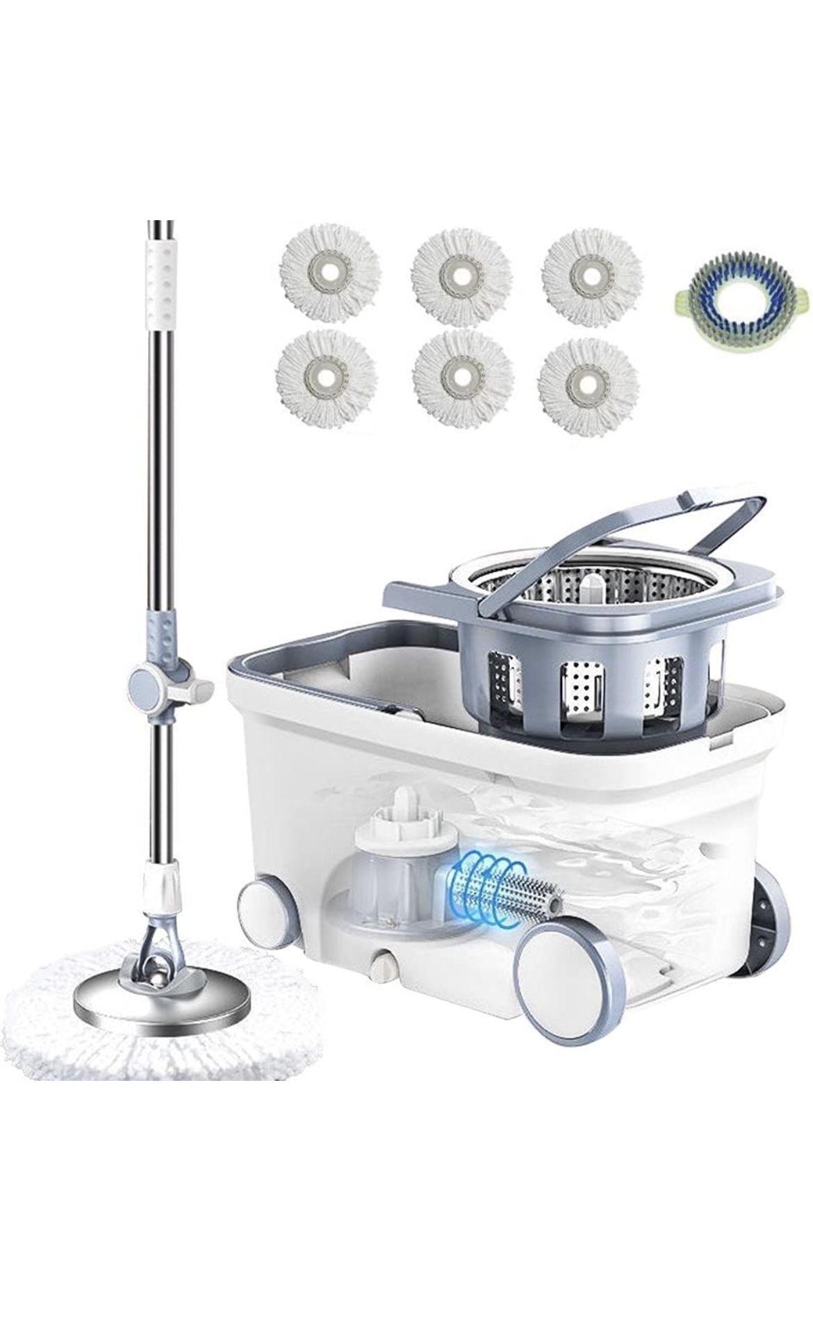 Spin Mop Bucket Deluxe 360 Spinning Floor Cleaning System with 5 Microfiber Replacement Head Refills, 62" Extended Handle, 4X Wheel for Home Cleaning