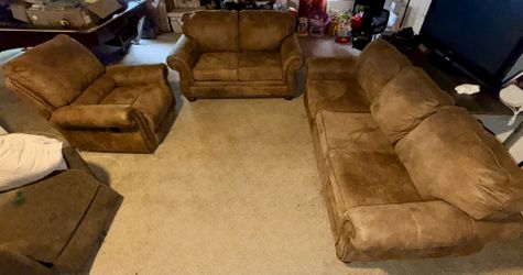 Ashley Furniture 3-Piece Sofa Couch Love Seat Recliner Rocker Suede Living Room Set