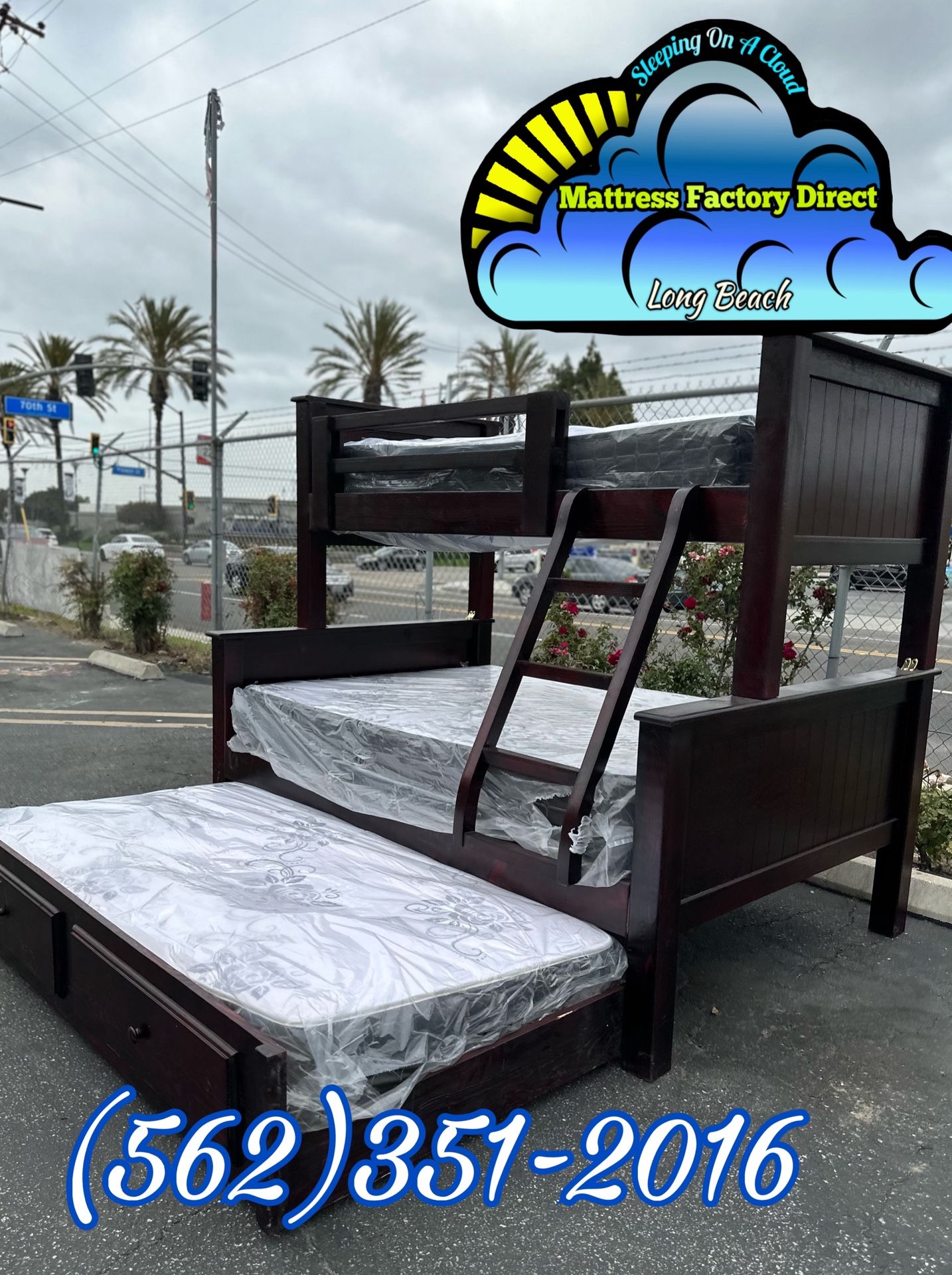 Triple Bunk Bed Twin/ Full Over Full Trundle Pull Out Bed With Mattresses Included Litera M