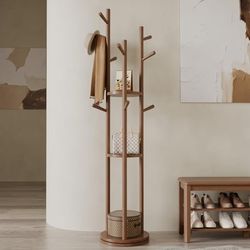 Solid Wood Rotary Coat Rack, Freestanding Coat Rack with 3 Shelves and 9 Hooks, Coat tree for Bedroom, Entryway, Livingroom, Coat Hanger Stand for Coa