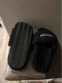 Black Shearling / Fleece Logo Slides - Brand New Boxed⁠