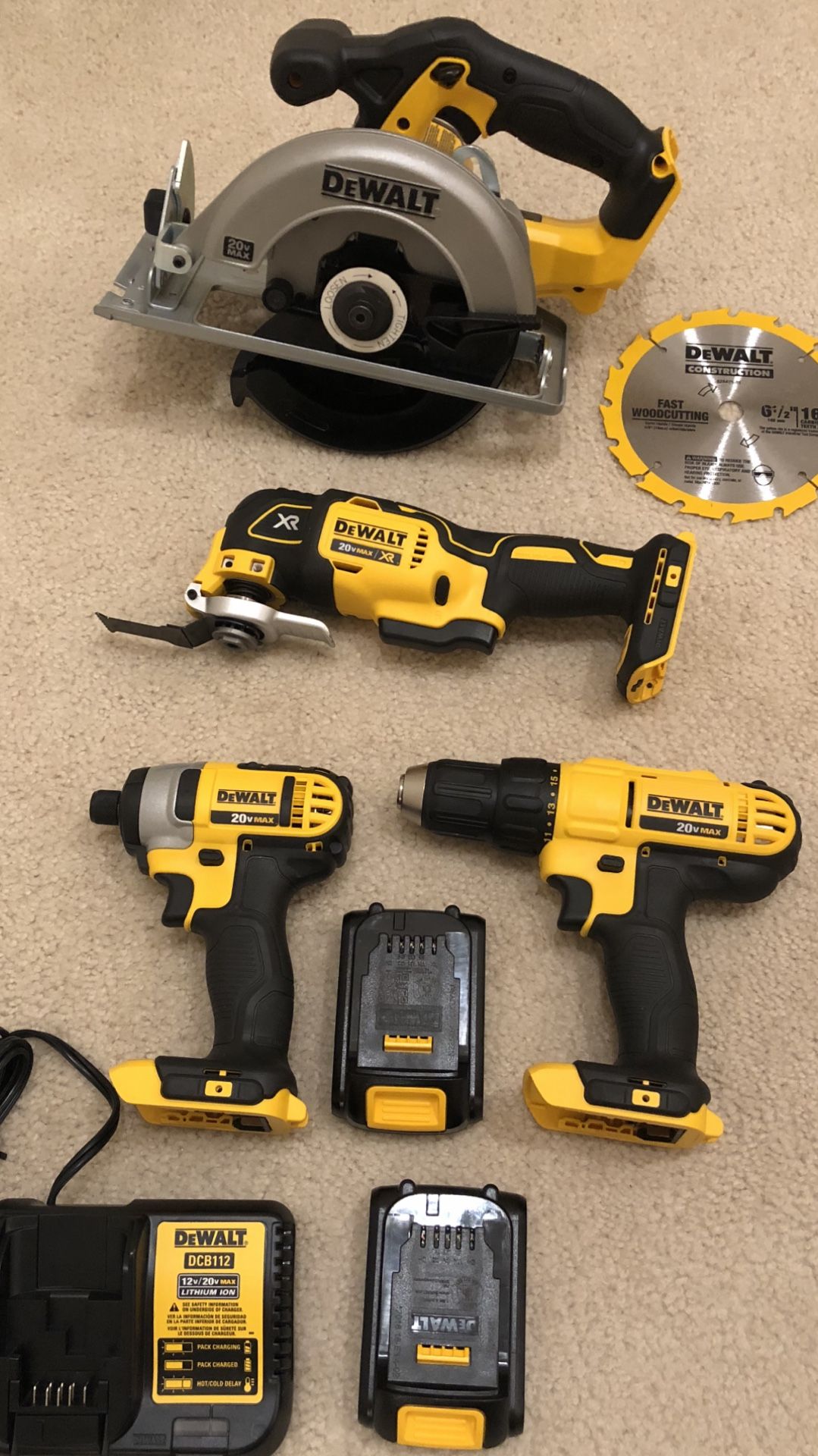 DeWalt 20v MAX XR Brushless multi-tool, Circular Saw, Drill/Impact Driver 4-Tool Combo Kit with 2 batteries, charger and tool bag.