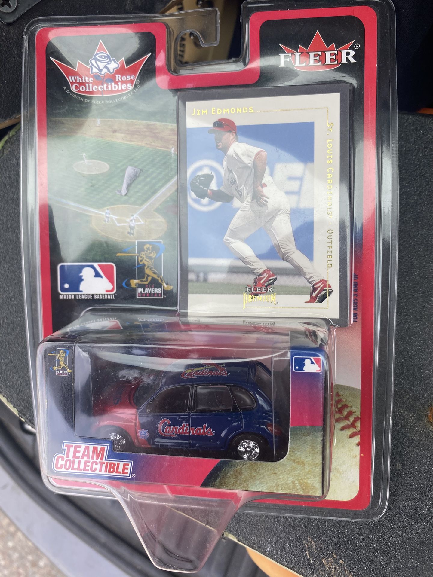 2001 Fleer Baseball White Rose Team Collectible featuring a St. Louis Cardinals die-cast PT Cruiser and a Jim Edmonds trading card.