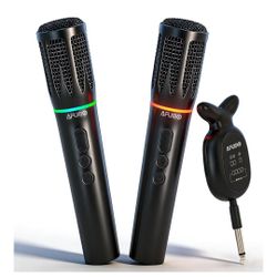 Wireless Microphone Set, 2 Rechargeable Handheld Wireless Mics with Bluetooth Receiver, RGB Light, 200FT Range, 24H Battery, Volume Control, 3 Sound E