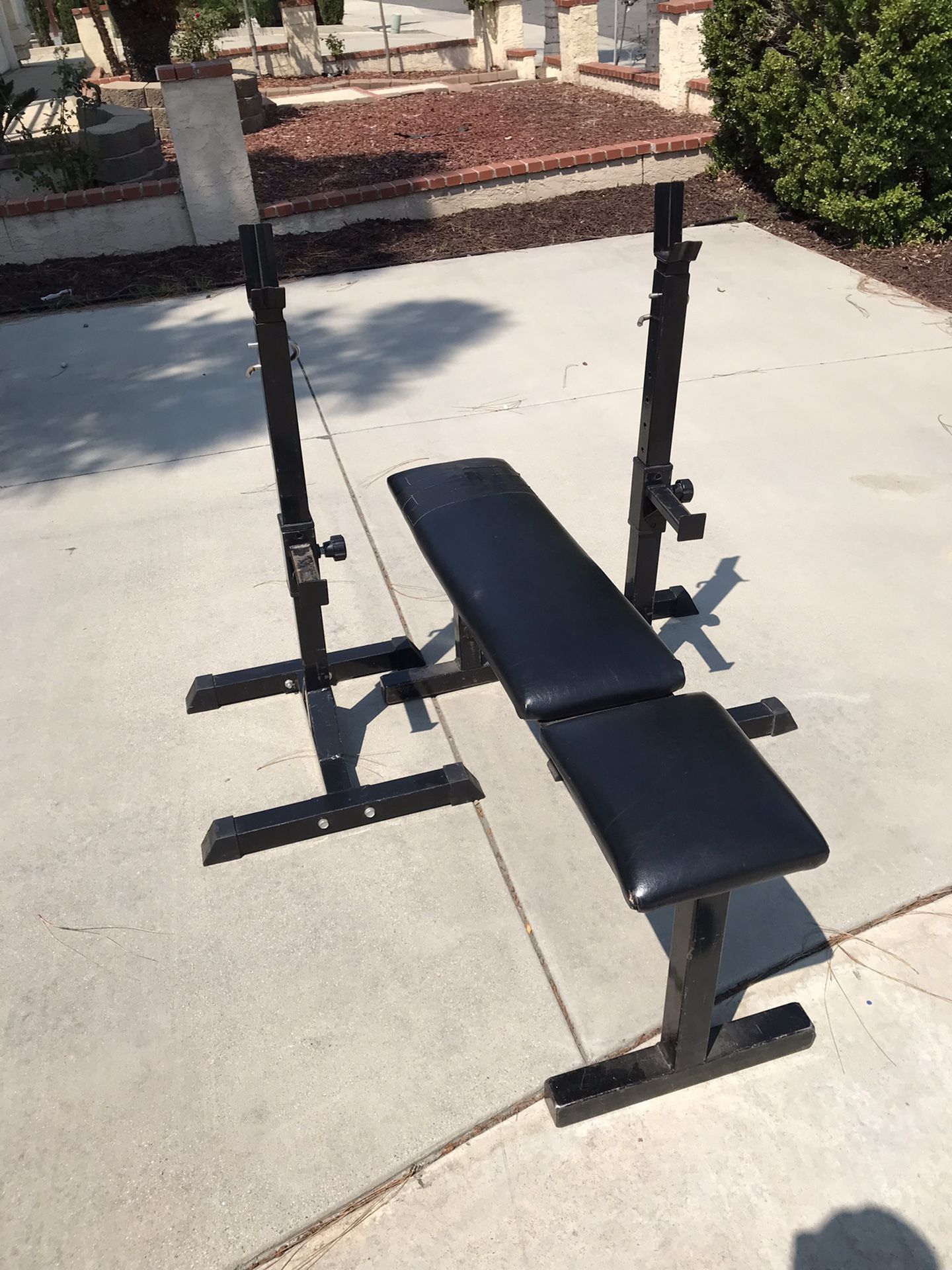 Weights, Weight Bench, Weight Tree, Barbell, Dumbbell Handles.