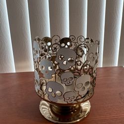Bath & Body Works 2021 Halloween White Skulls Gold Pedestal 3-wick Candle Holder