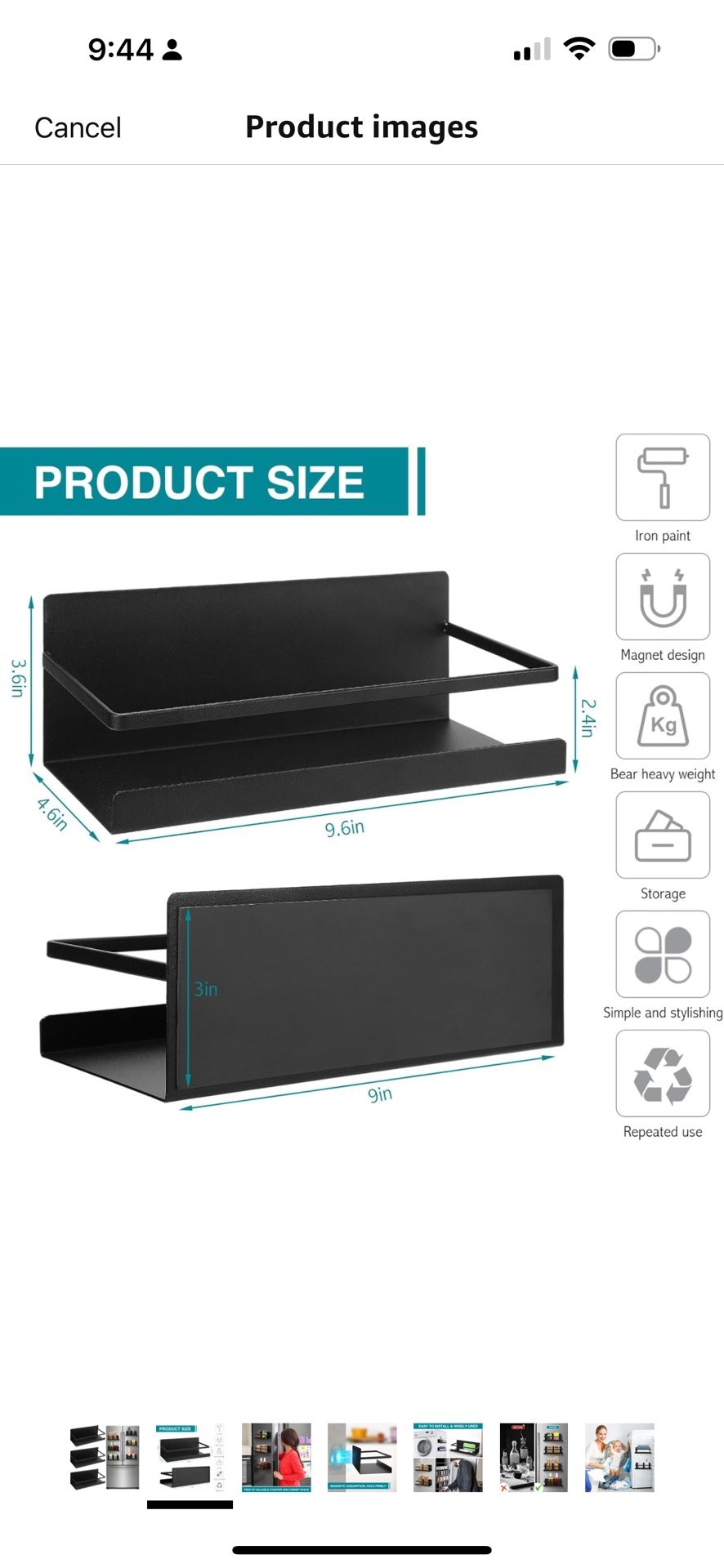 Magnetic Spice Rack for Refrigerator, Magnetic Spice Organizer, Black Metal Magnetic Shelf Holder for Fridge and Microwave Oven 9.6 x 4.7 x 3.5 inch,
