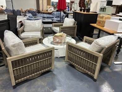 Newly Assembled 4 x Gray Oak Aluminum Rope Weave Patio Bistro Set Chair + Round 42” Propane Fire Pit