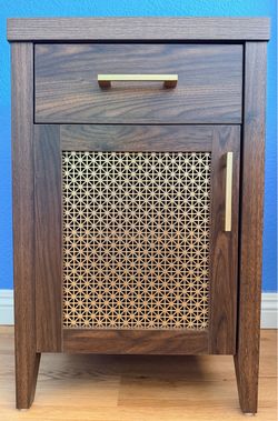 Brand new pair of Dark Wood Nightstand with Cane Door