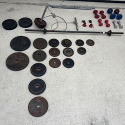 A barbell and many fittings for it. You can buy one lot or in parts.