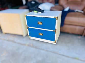 Vintage Campaign Style Nightstands (Pair) Bold Blue & Brass Accents