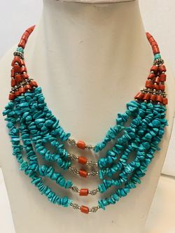 Multi strand Turquoise n coral color necklace