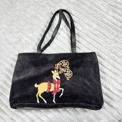 Christmas Holiday Purse Handbag Vintage Tote Bag Black Corduroy Cotton Reindee