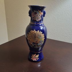 Asian Cobalt Blue Vase 8"x3.5" – Elegant Peacock Design, Decorative Accent