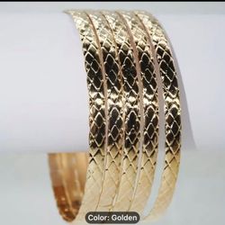 14K Gold Plated Set Of 5 Multi Layers Bangle Bracelet  Snake Scale Shape Pattern Adjustable Hand Bangle Jewelry Set