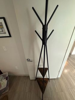 Black Metal Coat Rack with Wood Shelves