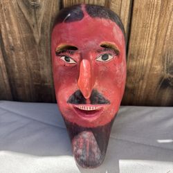 VINTAGE MEXICAN FOLK ART HAND CARVED WOOD FACE  MASK RED FACED GOATEE MAN