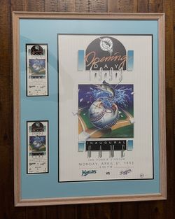 Florida Marlins Opening Day 1993 Inaugural Game Poster Framed with 2 actual game tickets COA