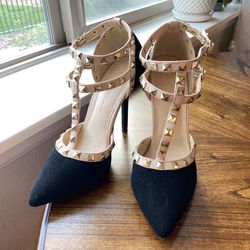 T-strap Studded Heels in Black Suede