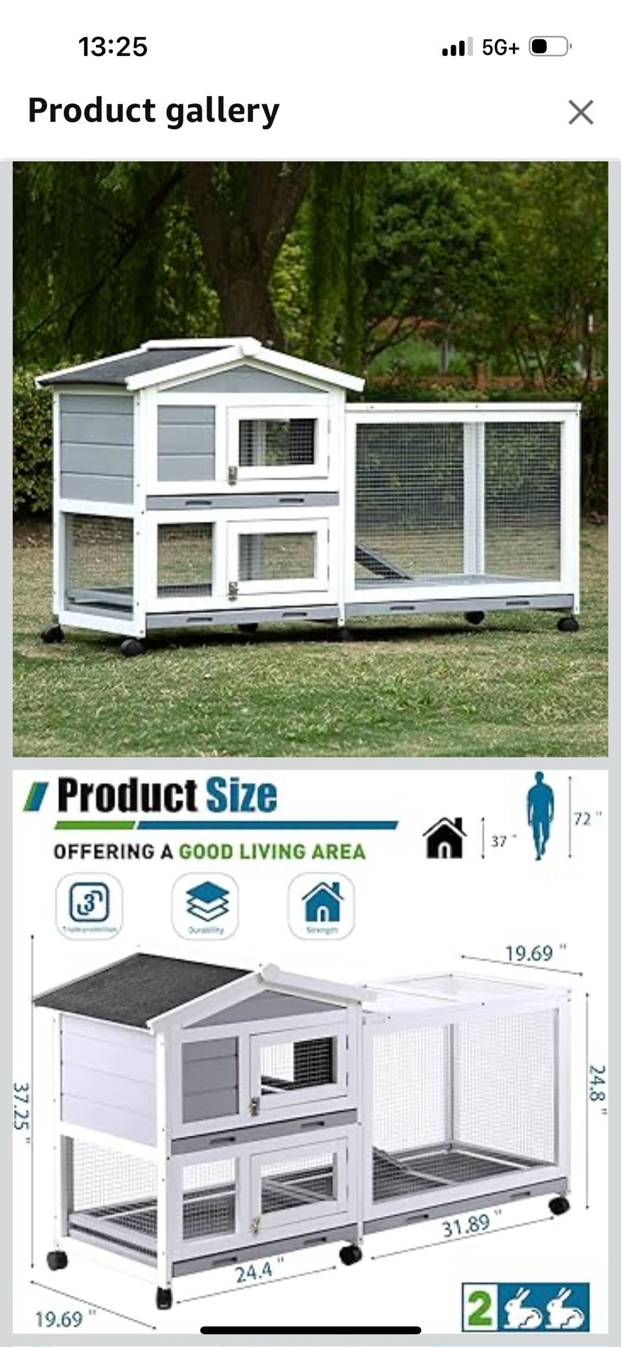 Rabbit Hutch, Indoor Cage Outdoor Two Story Bunny with Asphalt Roof Guinea Pig with Removable No Leaking Tray, Ramp, Pet House for Small Animals