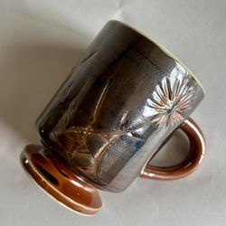 Vintage 8-oz Brown And Blue Stoneware Pedestal Mug