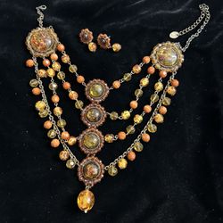 Vintage Gorgeous Brown And Amber Color Necklace & Earrings Set 