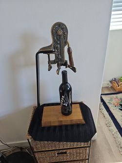 Rogar Estate Wine Bottle Opener Corkscrew Grape Motif Wood Stand 23"