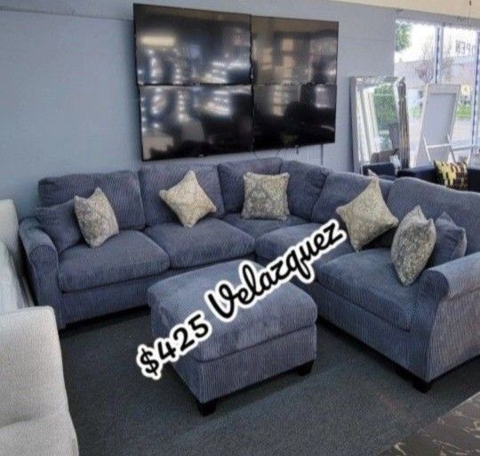 ✅️✅️ 4pc dark Grey corduroy fabric sectional sofa with rounded arms and ottoman ✅️✅️