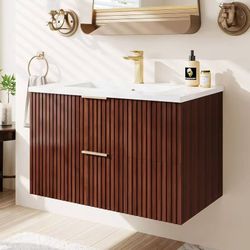 30-inch floating bathroom vanity with sink, wall-mounted, made of oak. Integrated ceramic sink.