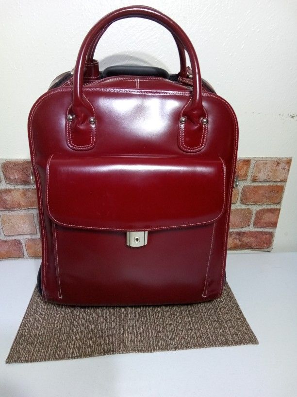 McKlein Red Leather Rolling Travel Laptop Carry-On Luggage Bag π Zippers & Storage Galore!